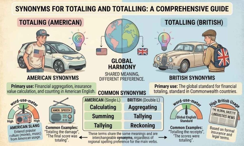 Synonyms for Totaling and Totalling